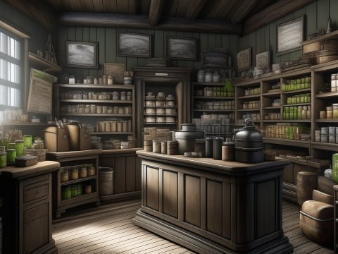 Cozy Vintage Apothecary Interior with Wooden Shelves
