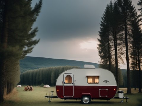 Cozy Vintage Camper in Serene Forest Clearing at Dusk