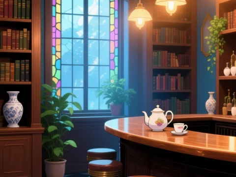 Cozy Vintage Reading Nook with Stained Glass Window