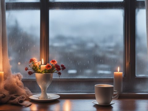 Cozy Window Scene with Candles and Flowers on a Rainy Day