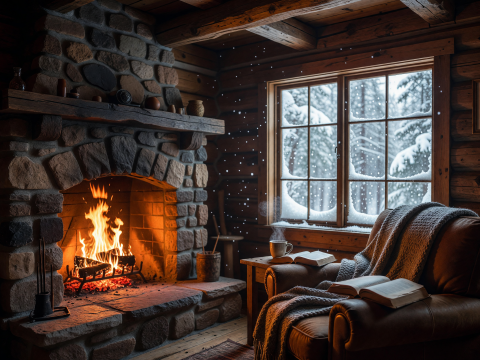 Cozy Winter Cabin Interior with Fireplace and Snowfall Outside