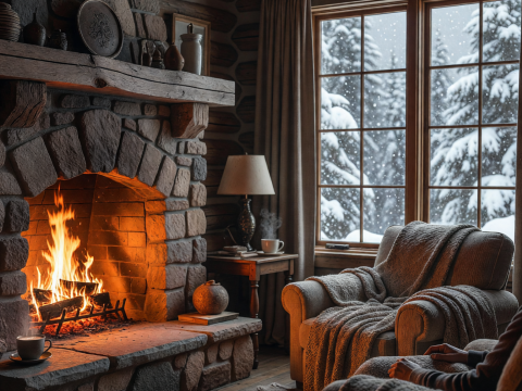 Cozy Winter Cabin Interior with Hearth Glow