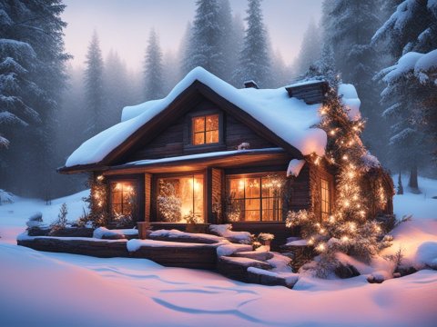 Cozy Winter Cabin Surrounded by Snowy Pine Trees