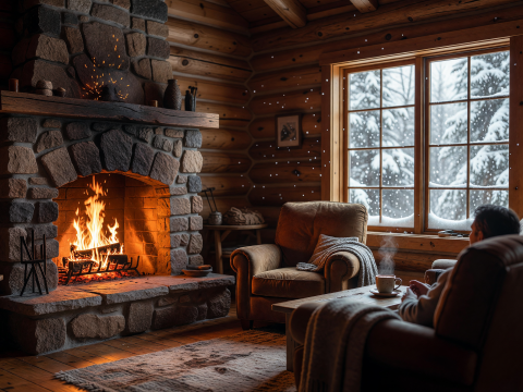 Cozy Winter Cabin with Stone Fireplace and Snowy Window View