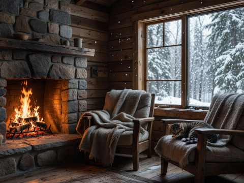 Cozy Winter Cabin with Warm Fireplace and Sleeping Cat