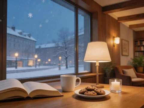Cozy Winter Cafe Scene with Book and Cookies
