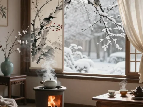 Cozy Winter Tea Room with Snowy Garden View