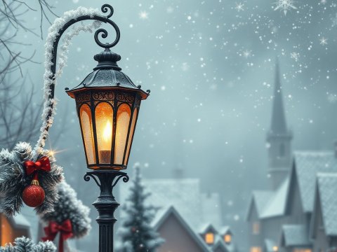 Cozy Winter Village Street with Festive Lamp Post