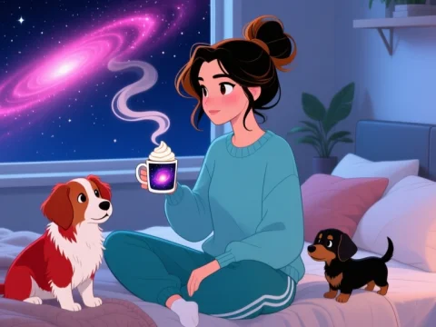 Cozy Woman Enjoying Nebula Coffee with Two Dogs