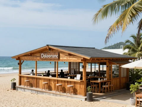 Cozy Wooden Beachside Restaurant with Ocean View