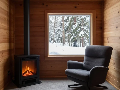 Cozy Wooden Room with Fireplace and Snowy Window View