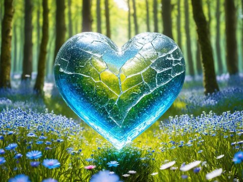 Cracked Glass Heart in Enchanted Forest Meadow