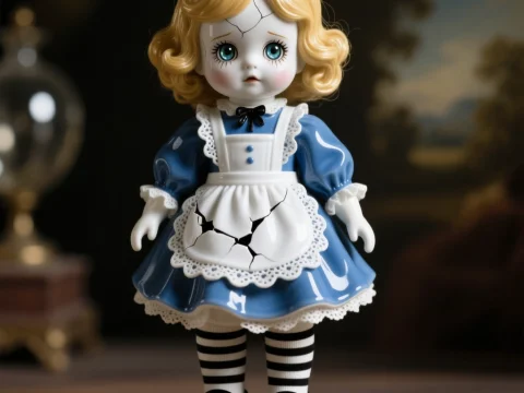 Cracked Porcelain Doll in Blue Dress