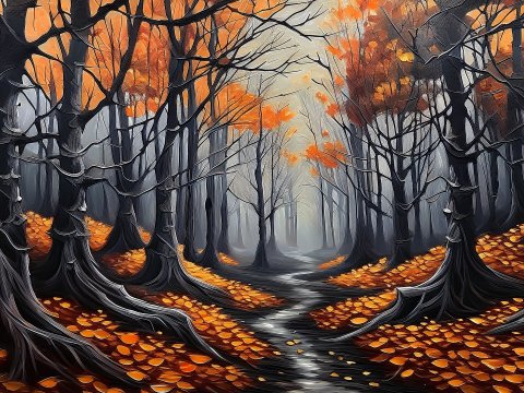 Creepy Autumn Forest Path in Realistic Acrylic Style