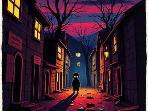 Creepy Deserted Village at Twilight with Mysterious Figure