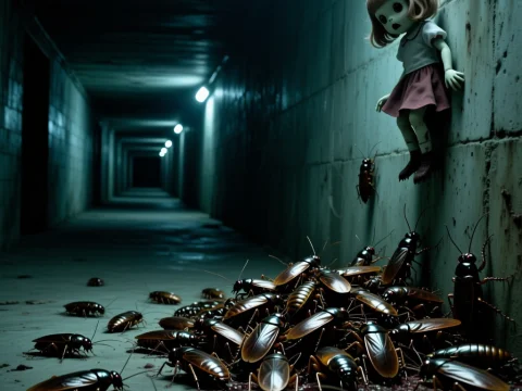 Creepy Doll and Swarm of Cockroaches in Gloomy Basement