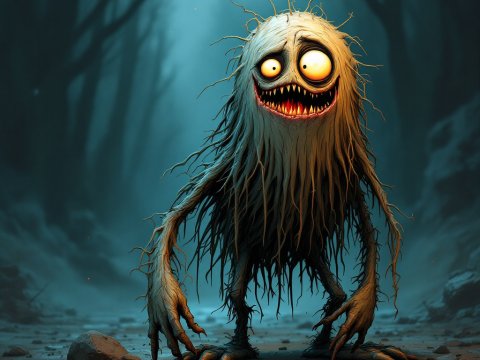 Creepy Forest Monster with Glowing Eyes and Sharp Teeth