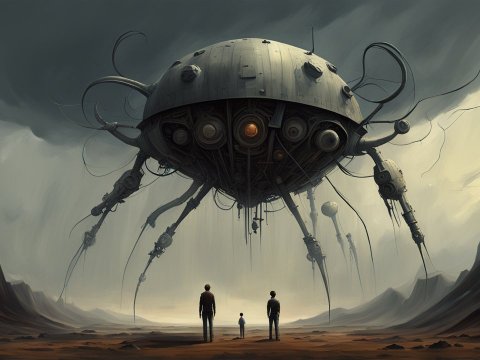Creepy Mechanical Spider-Like Machine in a Desolate Landscape