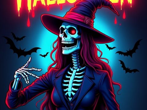 Creepy Neon Skeleton Witch Halloween Illustration