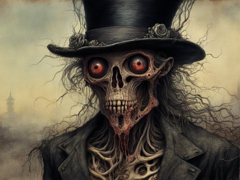 Creepy Skeleton in Victorian Attire with Glowing Eyes