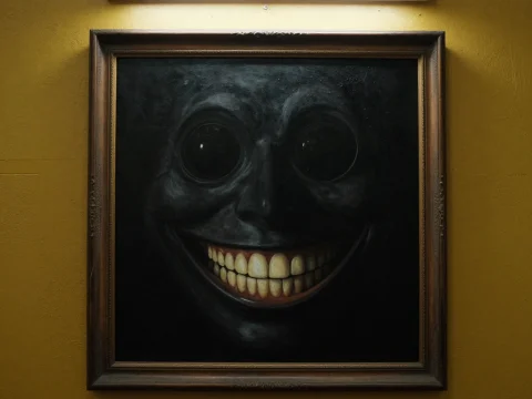 Creepy Smiling Face Painting in Dark Frame