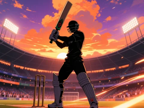 Cricket Batsman Silhouette at Sunset in Stadium
