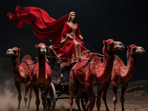 Crimson Chariot Queen Riding a Camel-Drawn Carriage