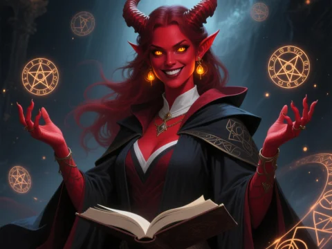 Crimson Tiefling Wizard Casting Spells