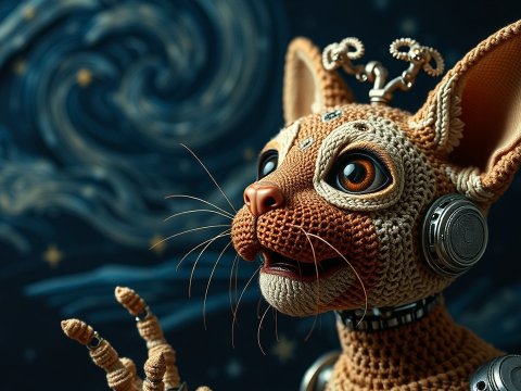 Crocheted Robotic Cat with Starry Night Background