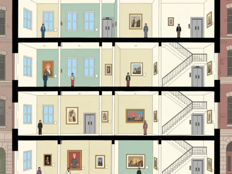 Cross Section of a Museum with Visitors and Artworks