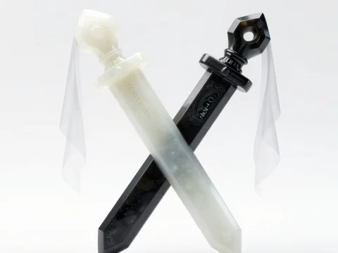 Crossed Jade and Obsidian Swords with White Ribbons