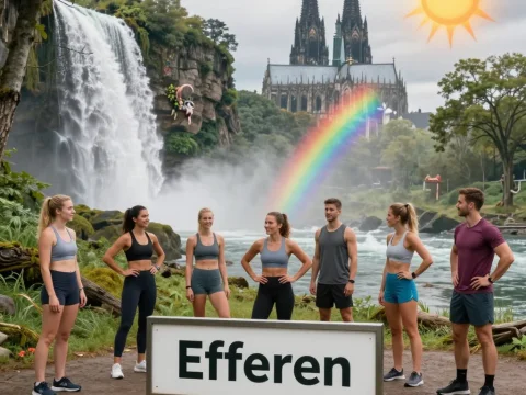 Crossfit Group Training in a Fantasy Rainforest with Waterfall and Rainbow
