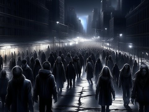 Crowd of People Walking Through a Dark Urban Street