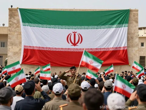Crowd Saluting Iranian Flag at Public Gathering