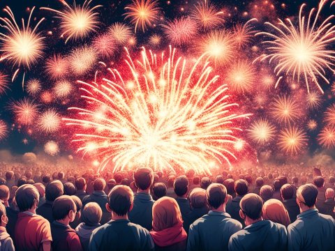 Crowd Watching Vibrant Fireworks Display at Night