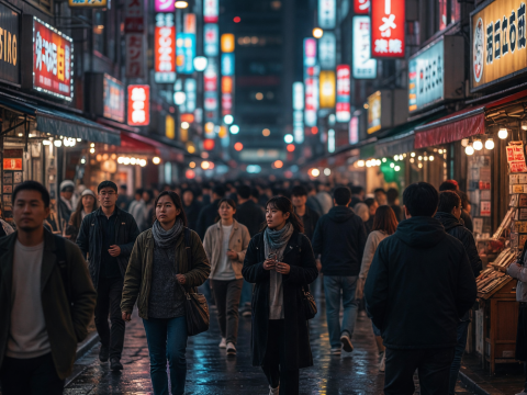 Crowded Neon-Lit Street in Tokyo at Night