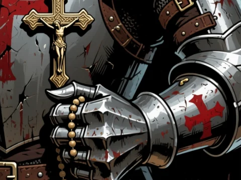 Crusader Knight Holding Rosary and Cross