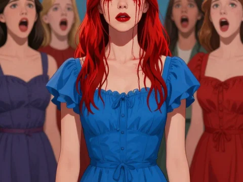 Crying Queen with Blood Tears and Shocked Onlookers