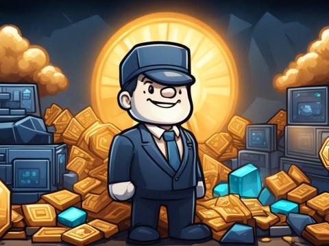 Crypto Miner Tycoon Cartoon Character with Bitcoin and Mining Equipment