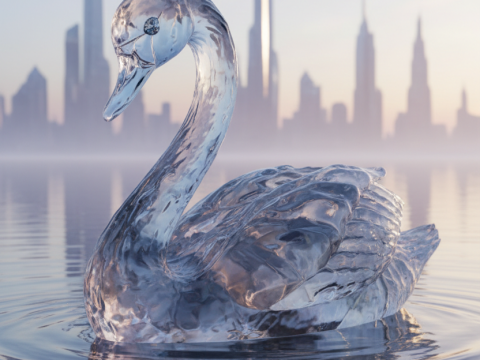 Crystal Swan on Serene Water with City Skyline