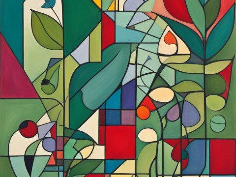 Cubist Abstract Painting with Geometric Nature Motifs