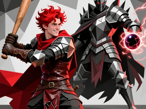Cubist Demon King and Red-Haired Warrior in Fantasy Baseball Duel