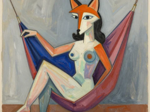 Cubist Nude Woman with Fox Head in Hammock