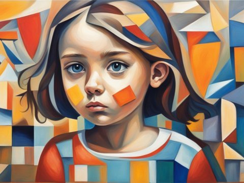 Cubist Portrait of a Young Girl with Geometric Patterns