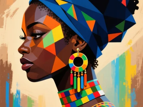 Cubist Portrait of African Woman in Vibrant Headwrap and Jewelry