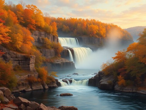 Cumberland Falls in Autumn with Cascading Waterfalls