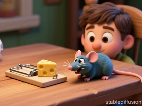 Curious Boy and Playful Mouse Near Cheese Trap