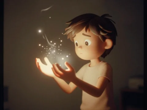 Curious Boy Holding Magical Light Particles