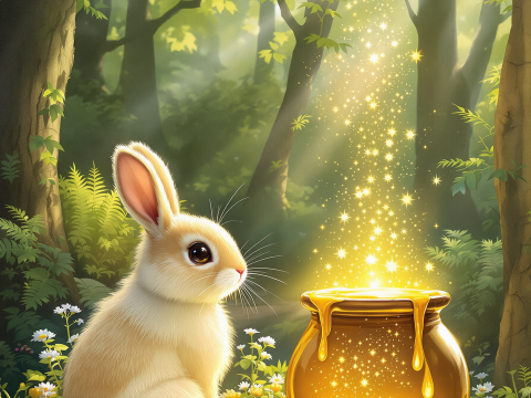 Curious Bunny and Magical Honey Pot in Enchanted Forest