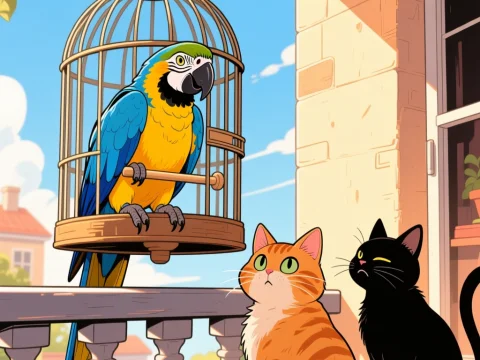 Curious Cats Watching a Vibrant Macaw in a Cage
